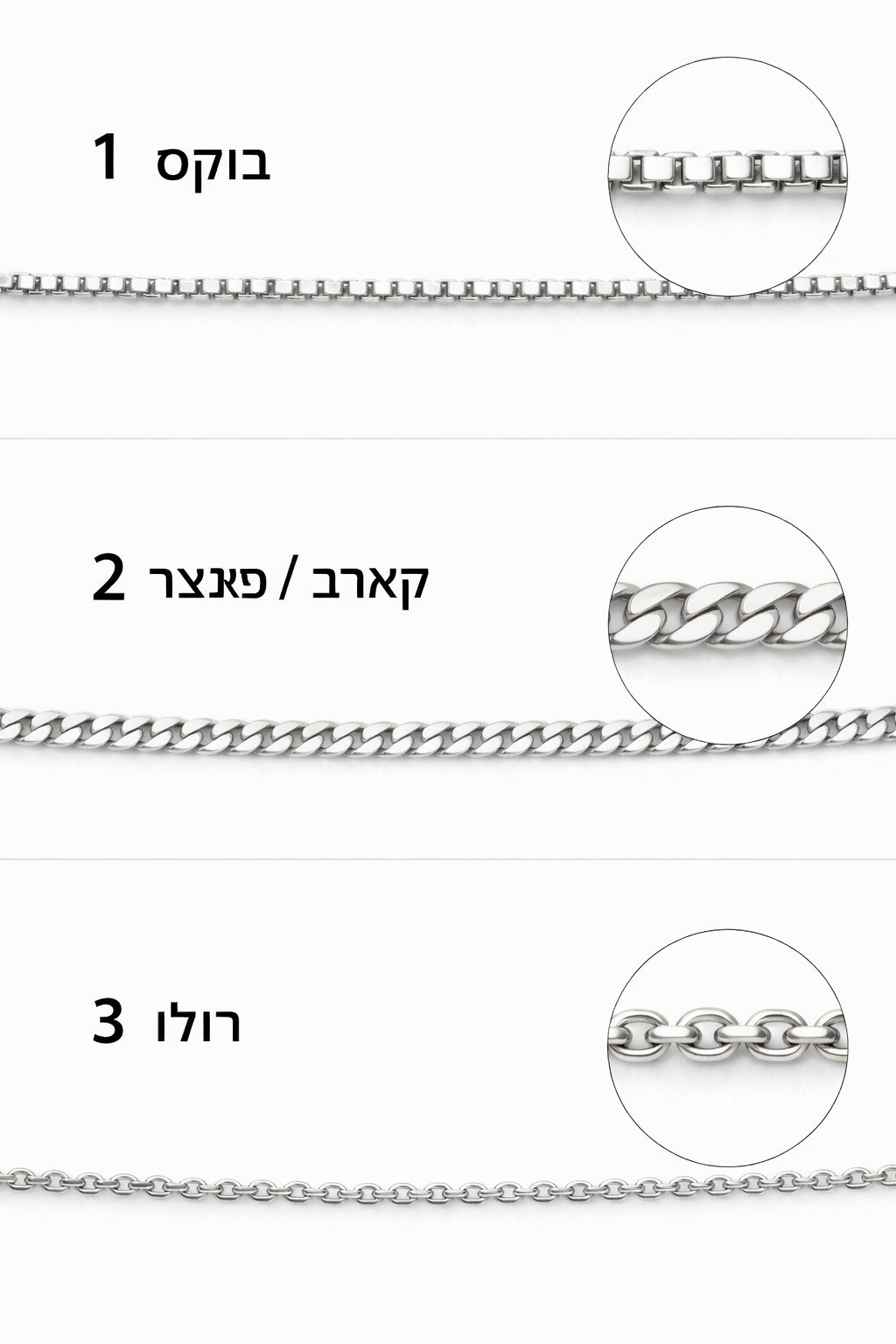 תמונה תקריב של 3 סוגי שרשראות כסף